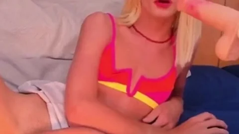 Skinny blonde Transgirl In nylons Tugs Her enormous cock On web camera